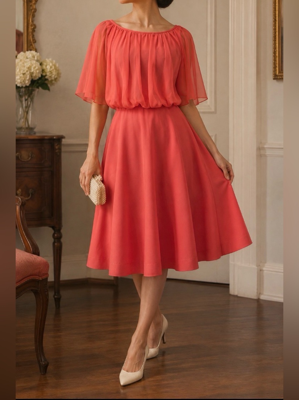 Vtg,IGLUW noUnion Made In USA Coral Chiffon Blouson Midi Dress Size Approxi, XS/